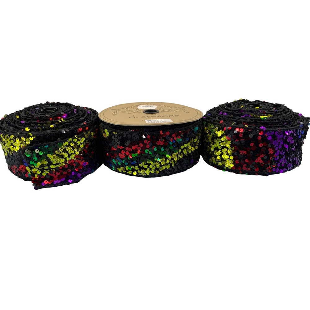 D. Stevens 2.5in‎ x 10Y approx. Rainbow Sequin Wired Ribbon Black/Multicolor NEW - Picture 2 of 6